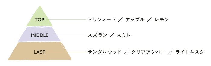 TOP（マリンノート、アップル、レモン）、MIDDLE（スズラン、スミレ）、LAST（サンダルウッド、クリアアンバー、ライトムスク）